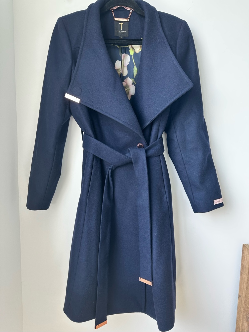Ted Baker Navy Wrap-Front Trench Coat with Floral Lining Size 5